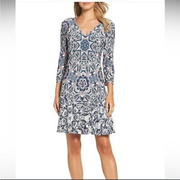 Eliza J Blue White & Pink Knit Paisley Geometric Print 3/4 Sleeves Dress NWT 18W - Picture 1 of 16